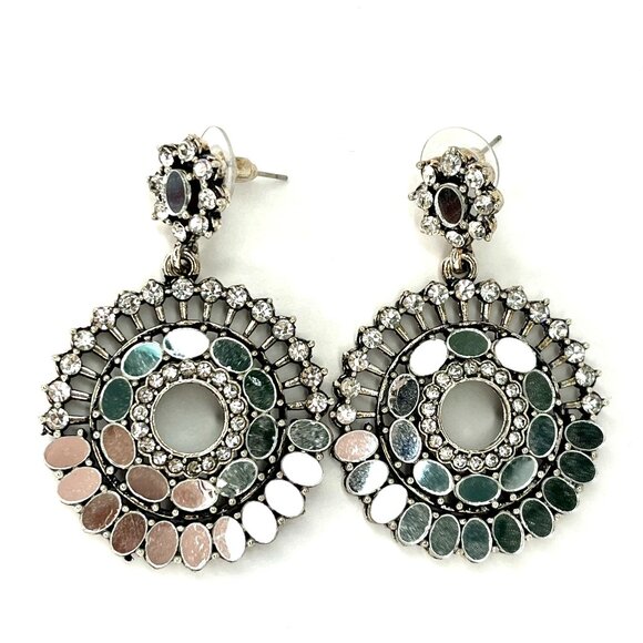 Vintage Inspired Silver Statement Earrings Glamorous Circular Design Party Chic - Picture 1 of 7
